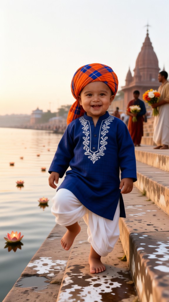 Quiet and childlike boy along the Ganges image