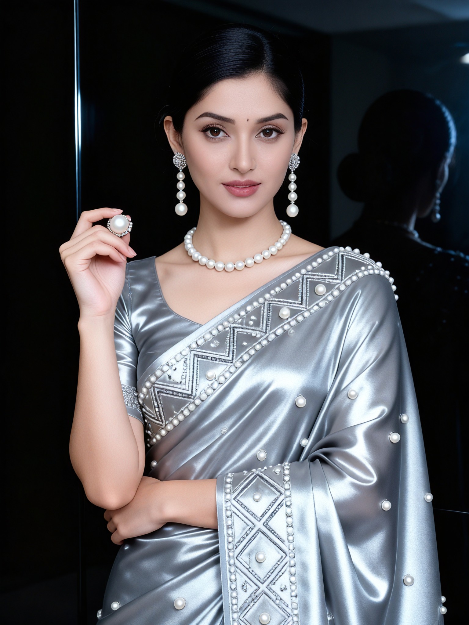 Cold tone high-end pearl sari photo shoot image