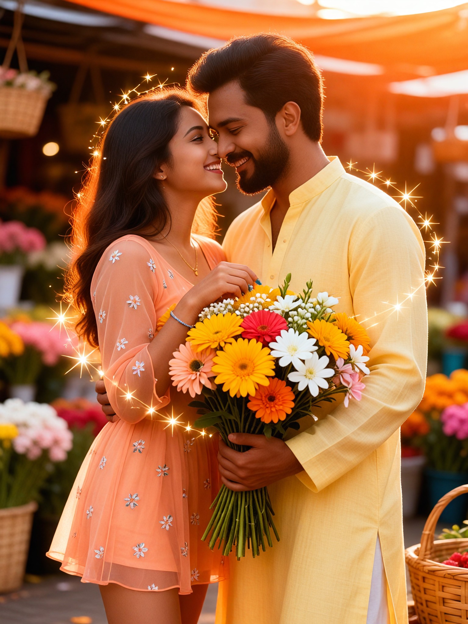 Artistic Creation AI Figure - Flower Market Starlight Surrounded by Bouquets Embracing Couples image