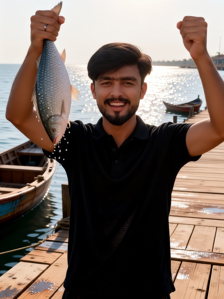 Happy boy holding fresh fish image