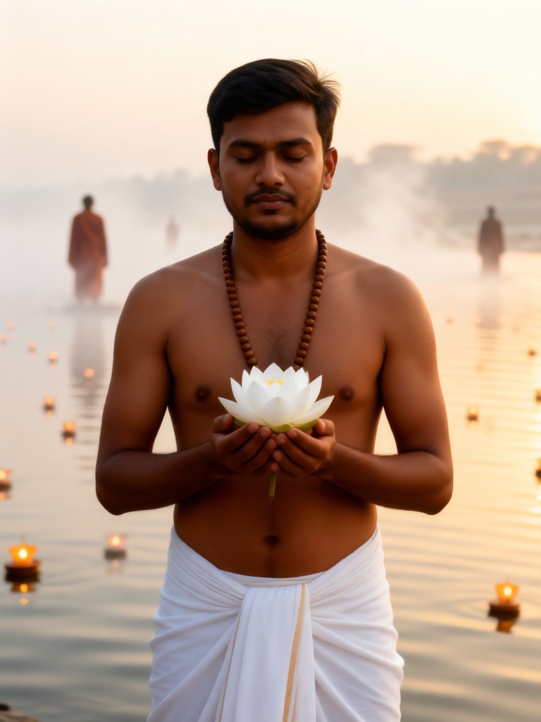 Ganges morning mist holding lotus meditation boy image