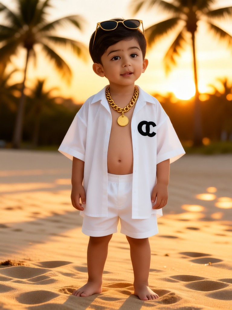 Cute boy touching sunglasses and shaking his body image