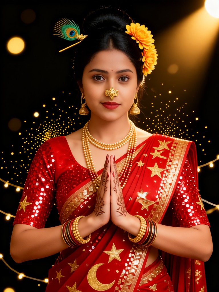 Namaste and pray for blessings, happy girl image