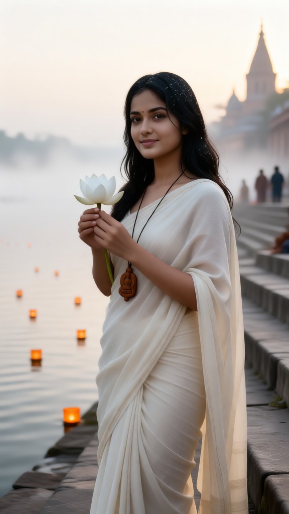Holding lotus and looking at the river view girl image