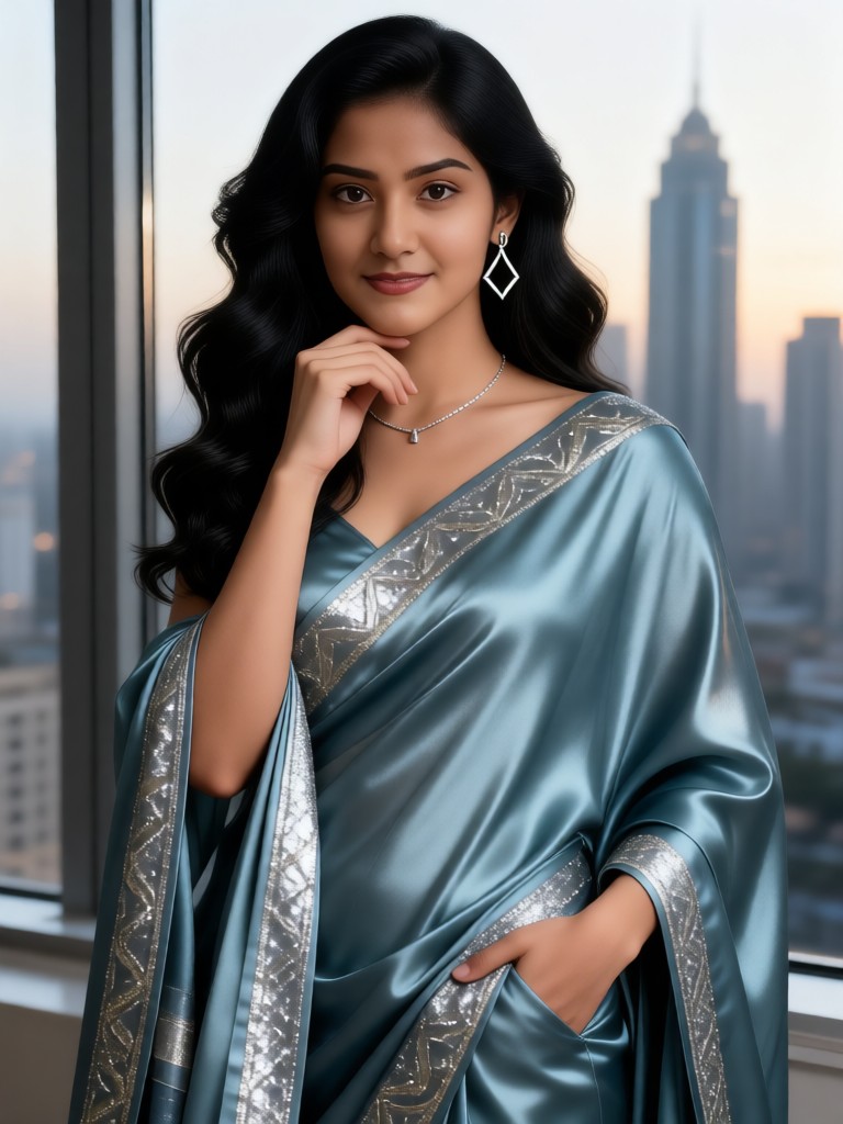 A cold and glamorous urban girl with her chin resting on her hand image