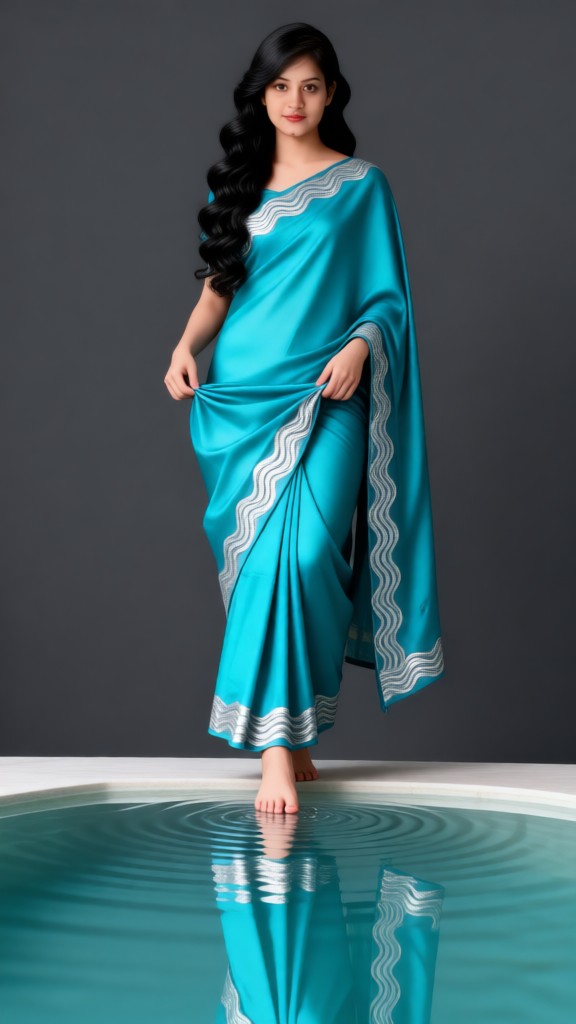 Quiet girl who lifts skirt and touches water image