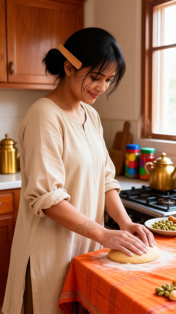 Kneading dough is a warm and lively girl. image