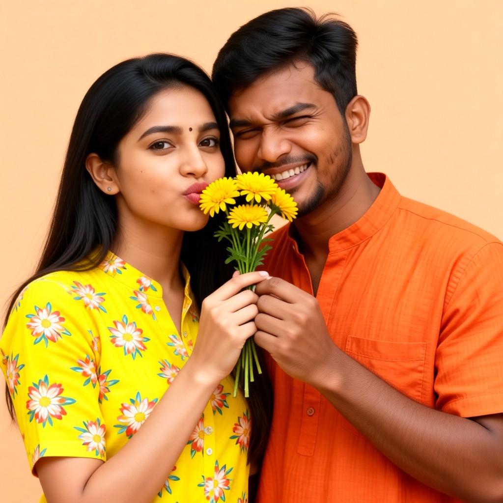 Bouquet pouting eyebrows smiling couple image