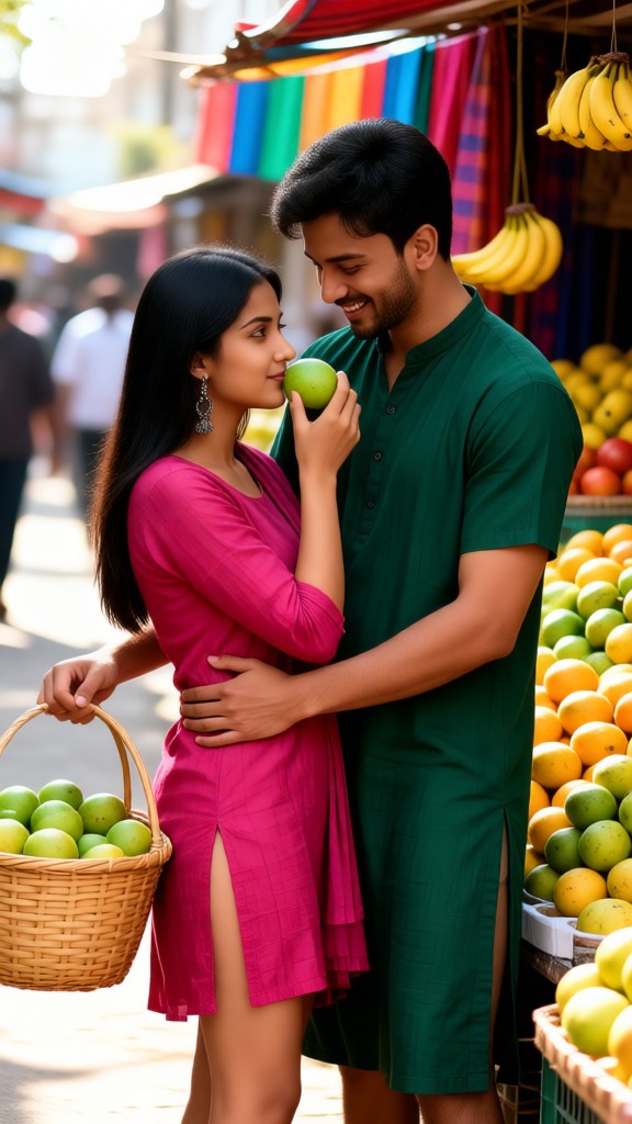 The market picks mangoes, and the lively feeling of the market couple image