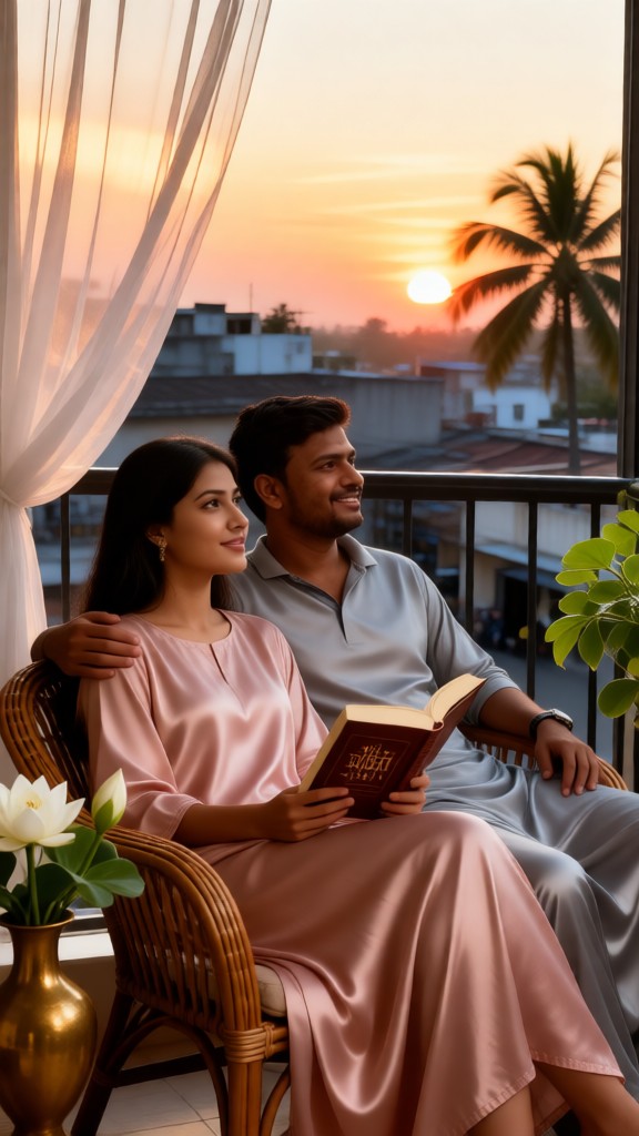 Balcony to enjoy the sunset, artistic and relaxed couple image