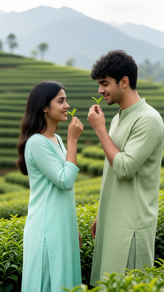 Tea picking in the tea garden heals couples with tranquility image