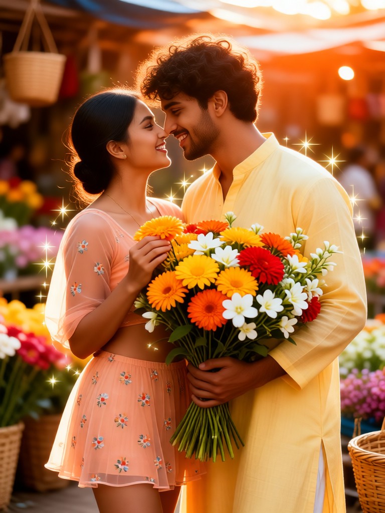 Flower market starlight bouquet embracing couple image