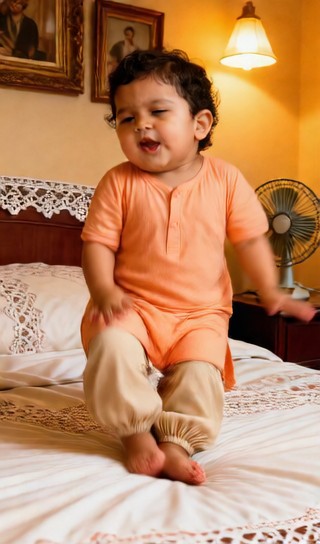 Sweet smiling baby boy - retro bedroom - baby dance image
