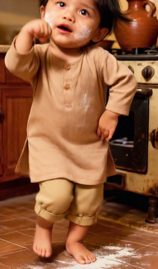 Baby boy swinging a pottery spoon - vintage kitchen - baby dance image