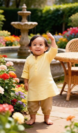Baby boy plucking flowers - vintage garden - baby dance image