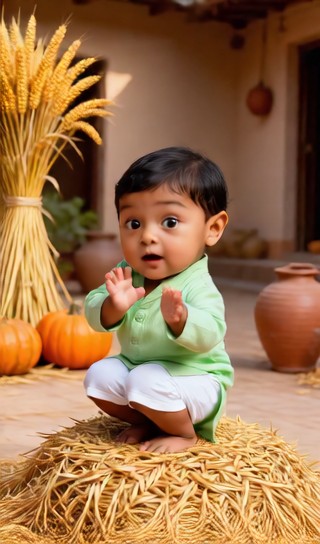 Baby boy stepping on grains - harvest festival courtyard - baby dance image
