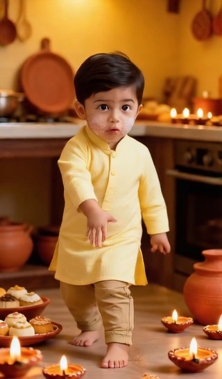 Baby boy with snacks - Diwali kitchen - baby dance image