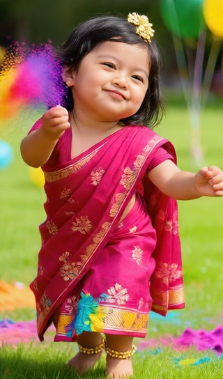 Baby girl sprinkled with powder - Holi - baby dance image