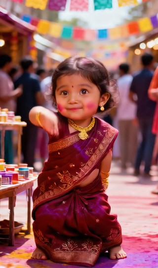 Baby girl with a powder jar - Holi street - baby dance image