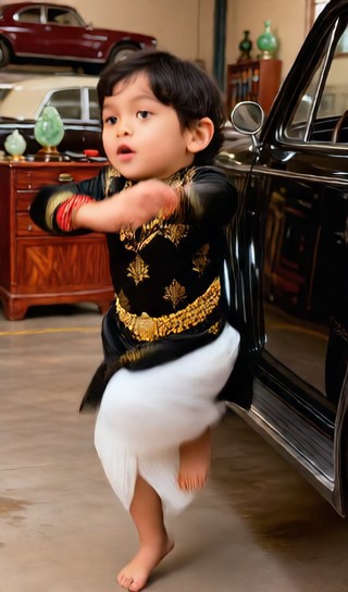 Baby boy holding car door - vintage garage - baby dance image