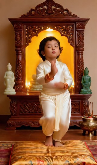 The boy who clasps and prays to Buddha - Buddha worship room - baby dance image