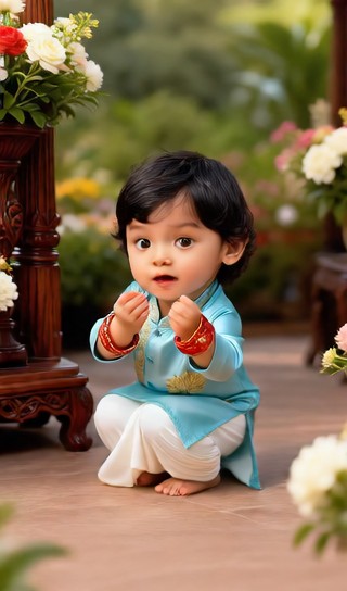 Baby boy pulling flowers - flower house - baby dance image