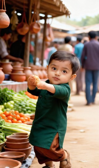 Baby boy with snacks - country market - baby dance image