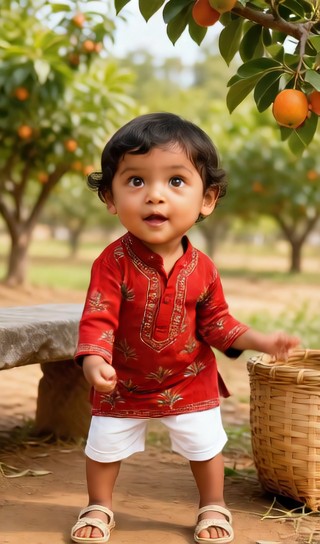 Baby boy touching fruit - country orchard - baby dance image