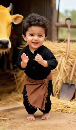 Baby boy touching the cow's nose - next to the cowshed - baby dance image