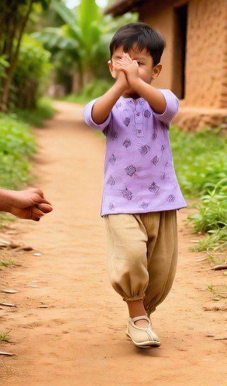 Baby boy pulling clothes - country road - baby dance image