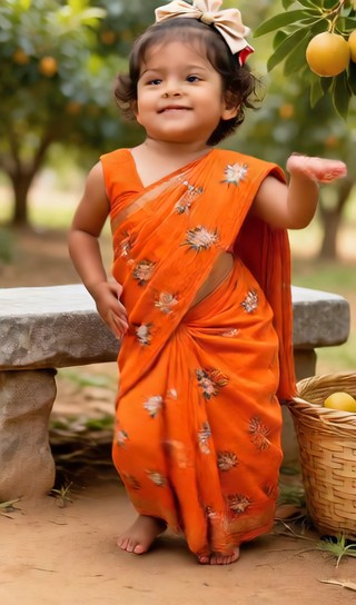 Baby girl touching fruit - country orchard - baby dance image