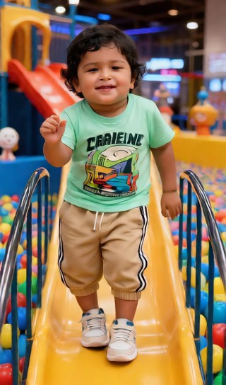 Baby boy on the slide - children's playground - baby dance image