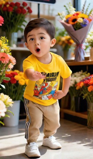 Baby boy plucking flowers - Internet celebrity florist - baby dance image