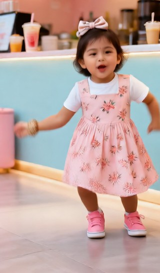 Baby girl with milk tea - Internet celebrity milk tea shop - baby dance image