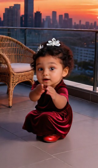 Baby girl standing with her hands down - City terrace - baby dance image