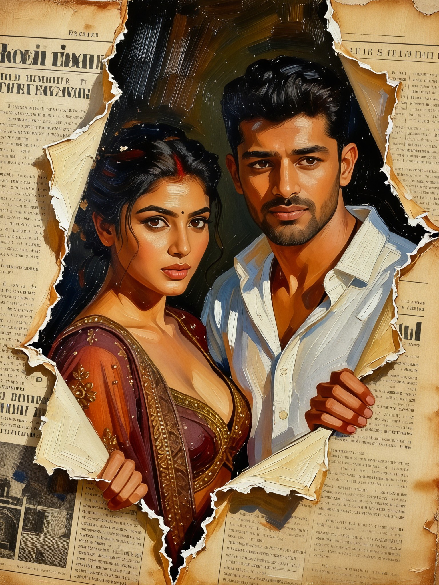 Couple photos with torn newspaper image