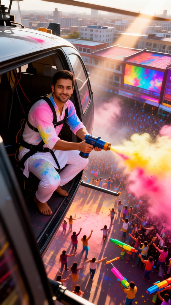 Helicopter spraying colored powder image