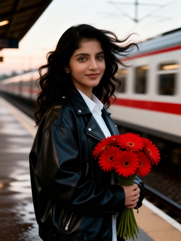 Portrait of holding red flowers in front of the platform image