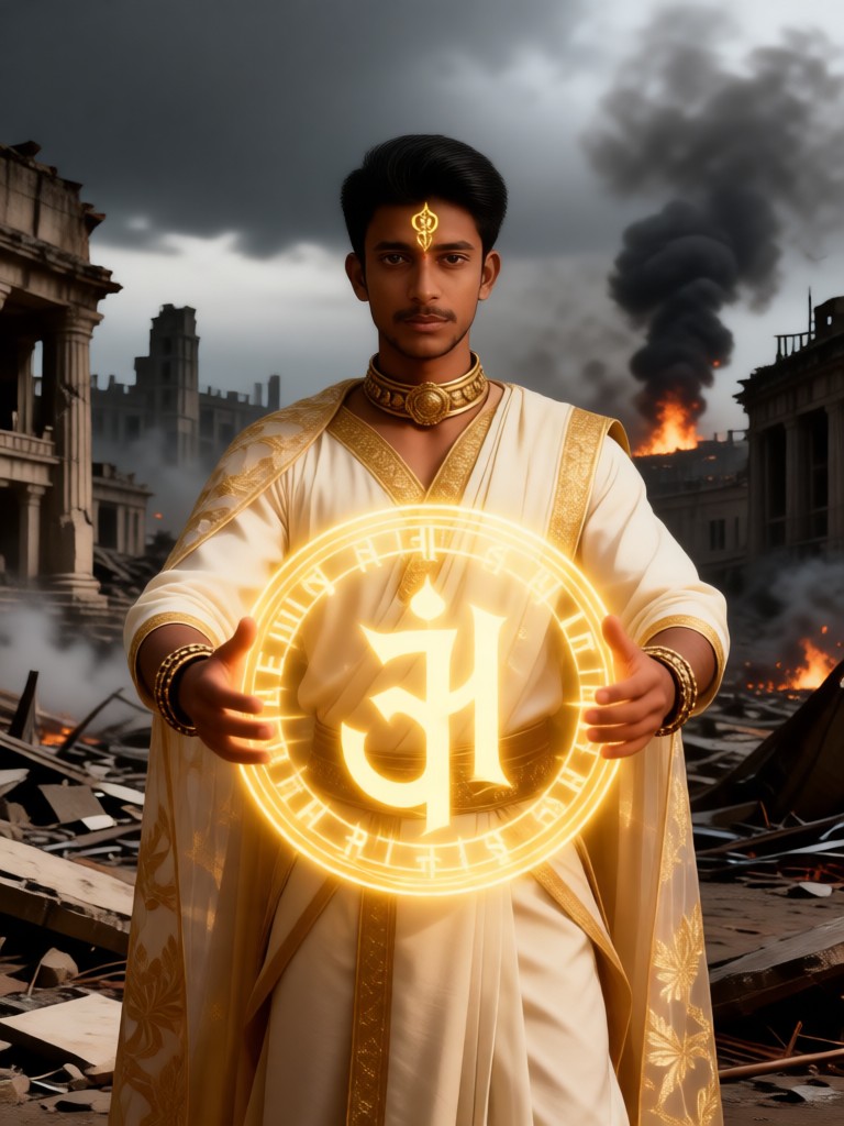 End times shattered ancient city battle Sanskrit shield guardian image