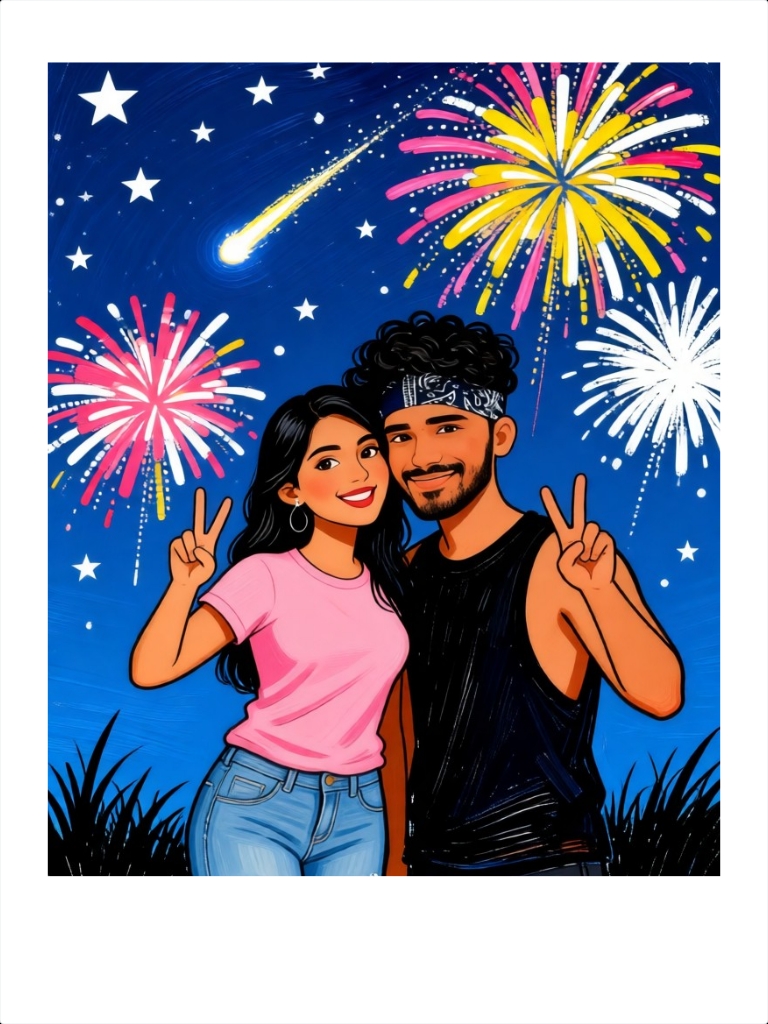 Starry Sky Polaroid Oil Painting Couple Photo image