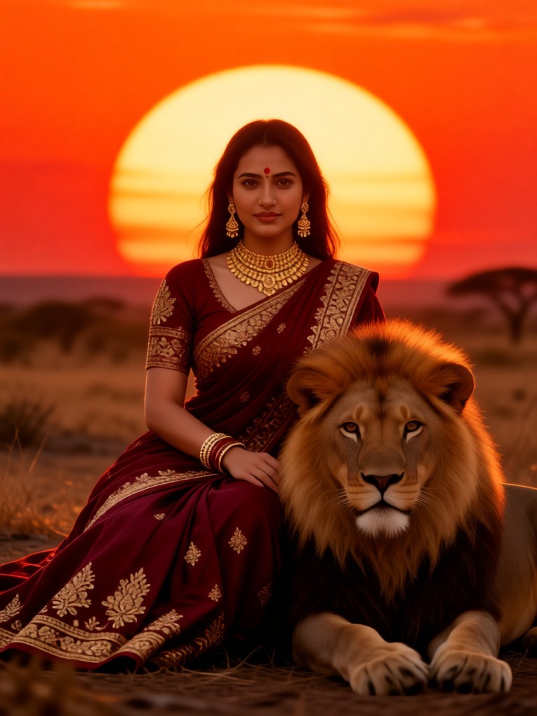 A gentle woman and a lion on the grassland image