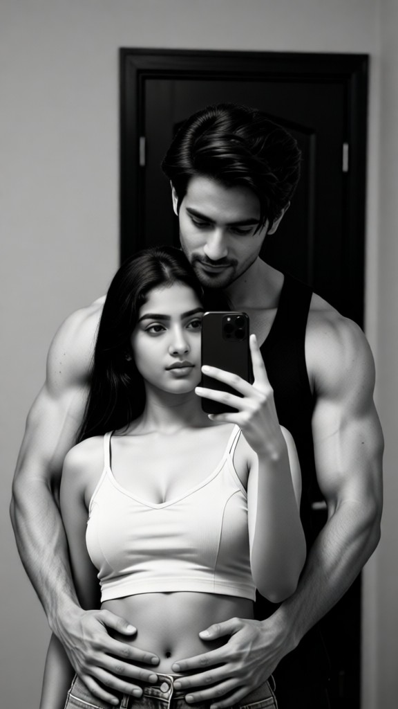 Couple taking selfies in front of a mirror image