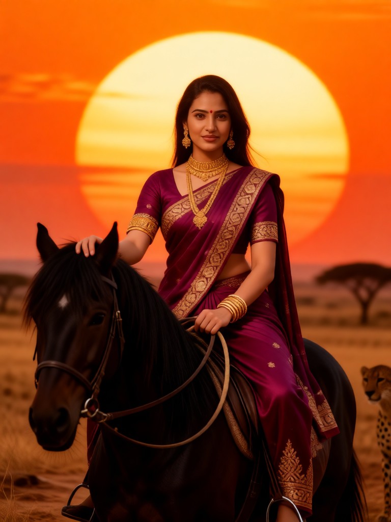 Purple sari horseback riding on the grassland image