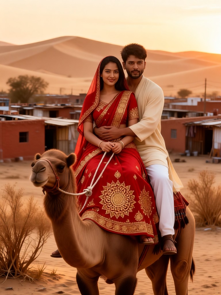 Couple riding a camel image