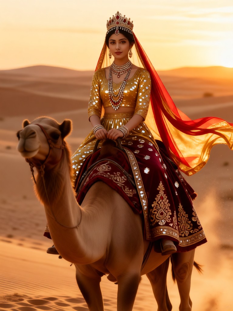 Beautiful woman rides a camel through the desert and Gobi image