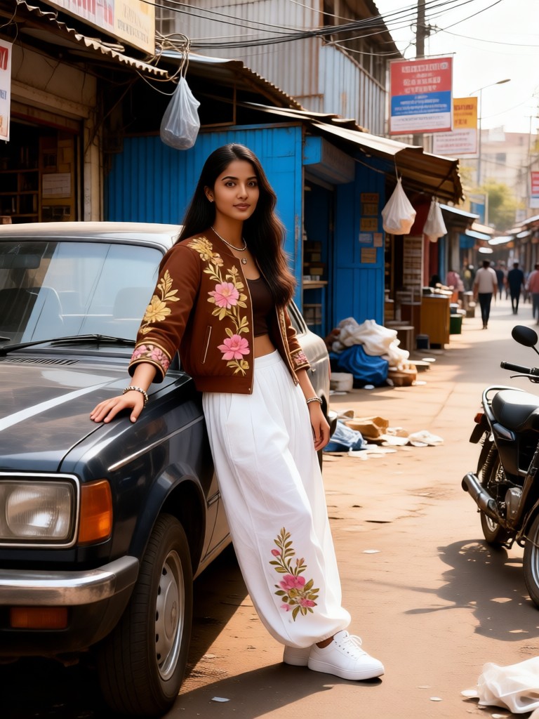 Fashionable girl beside an old car image