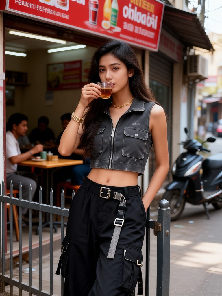 Street tea-drinking moment of a fashionable girl image