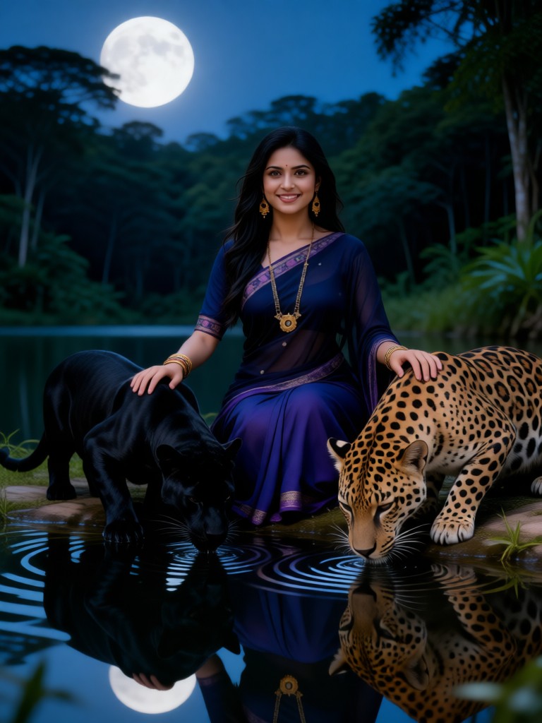 Jungle woman watches cheetah drink water together image