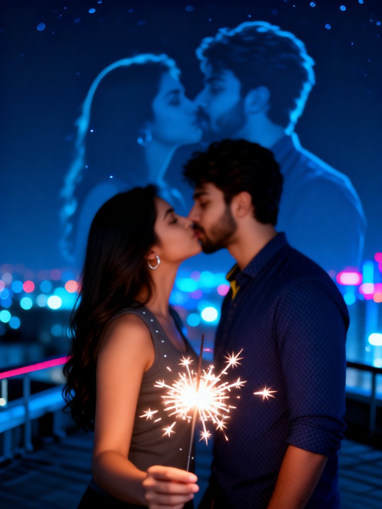 Couple kissing under fairy lights image