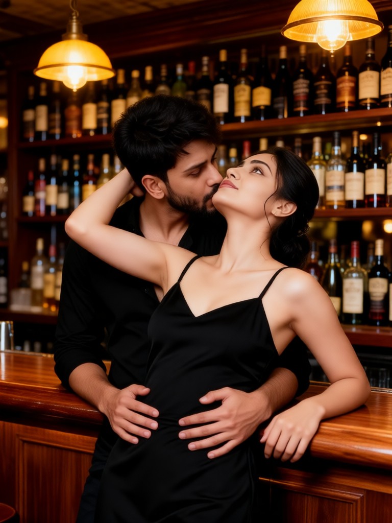 A couple kissing face-to-face in a bar image